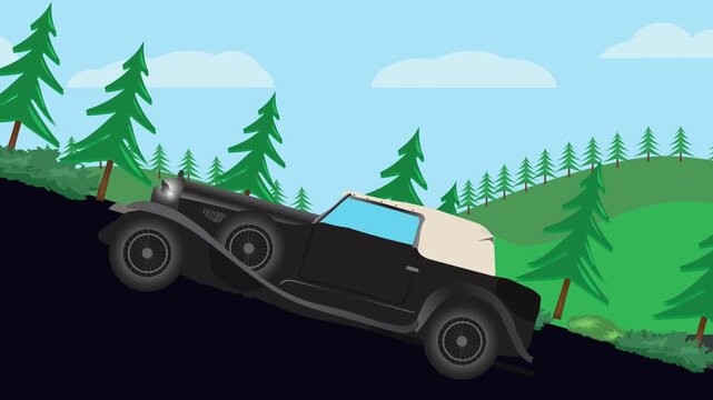Retro car animation going up to the hill, nature trees background