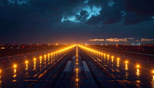 Illuminated airport runway at night guiding aircraft with glowing lights under a dramatic cloudy sky