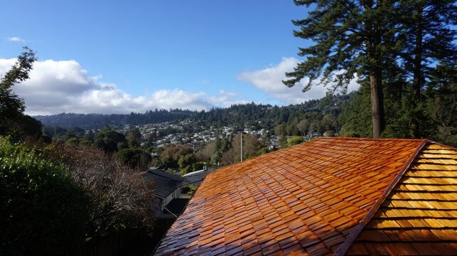 Rustic wood shake style metal roof tiles with a suburban neighborhood view under a bright blue sky