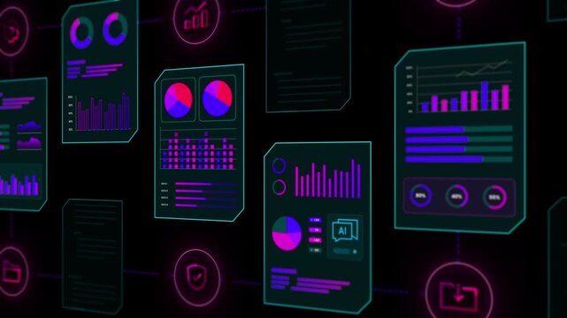 Floating digital panels with colorful bar charts and statistical metrics representing complex information processing.