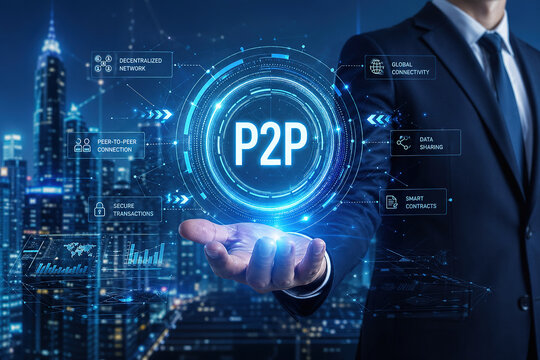 Business person shows digital network concept of peer to peer connections for secure transactions in urban city at night