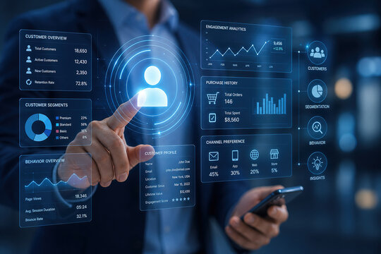 Business professional interacts with data dashboard at a workplace in the evening