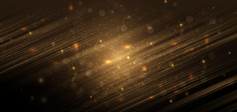 Abstract elegant gold glowing diagonal line with lighting effect sparkle on black background.
