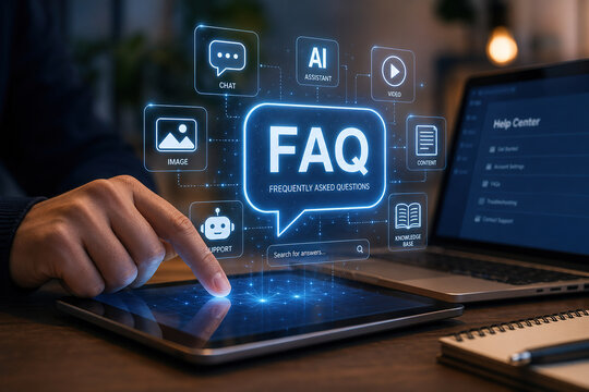 Digital assistant screen displays frequently asked questions and support options while a person interacts with a tablet in a workspace