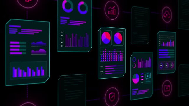 Seamless background of digital data screens featuring technical icons and business performance indicators.