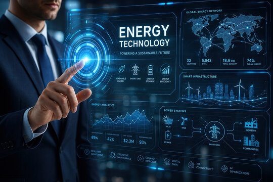 Man interacts with digital display showing energy technology and analytics for a sustainable future in a modern office setting