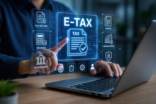 Man using laptop to access electronic tax services and manage financial documents