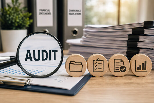 Focus on audit process with documents and tools in an office setting during the day