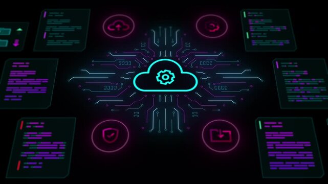 Cloud computing icon with protective gear symbol monitoring encrypted communication and digital document folders.
