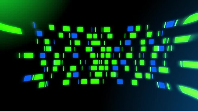 Vibrant green and blue glowing squares and rectangular shapes expand dynamically across a dark background in an abstract data stream animation.