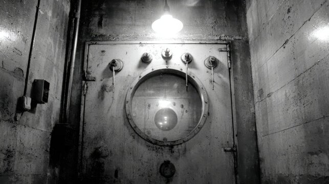 Heavy industrial steel security door with multiple deadbolts and circular viewport
