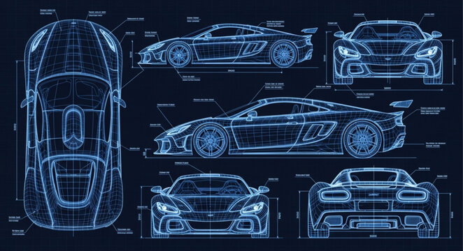 Detailed Blueprint Schematics of a High-Performance Sports Car.