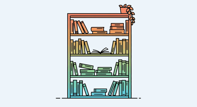 Rainbow Bookshelf Illustration: Organized Literature and Knowledge Display