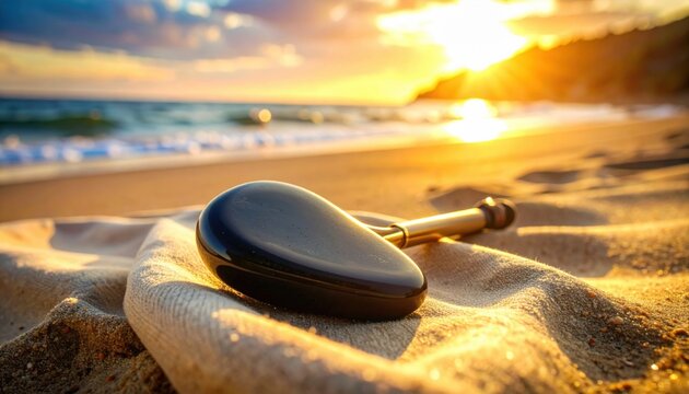 Smooth polished obsidian facial massage tool resting on a textured fabric at the beach during a vibrant sunset.