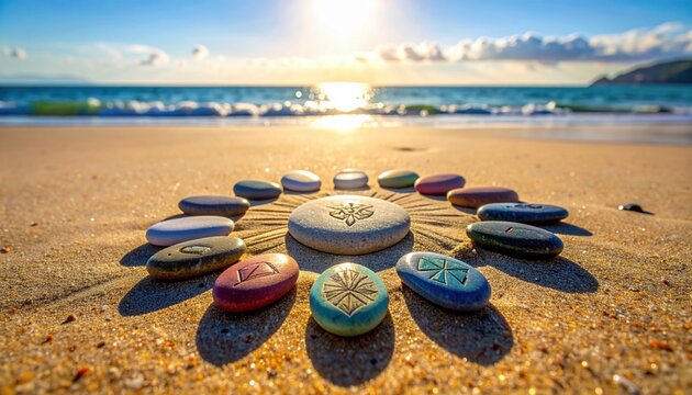 Smooth, Colorful Rune Stones Arranged on a Sandy Beach During a Golden Sunset, Inspiring Serenity and Balance