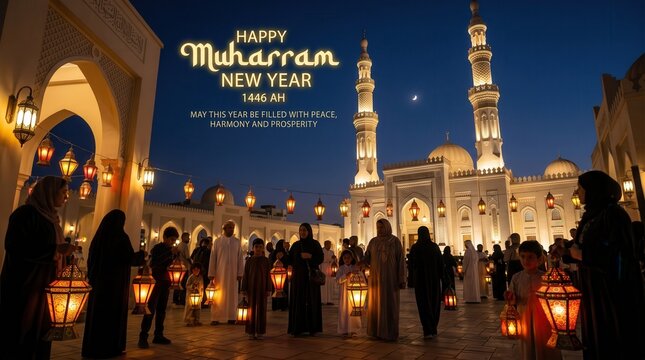 Happy muharram new year celebration with glowing lanterns and mosque minarets