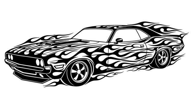 Muscle car with flame decals and aggressive design for speed and performance
