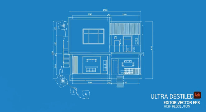Ultra detailed blueprint of a modern house with measurements and dimensions