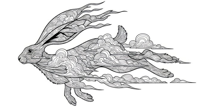 Pen-and-ink drawing of a running hare merging into cloud formations, on a white background