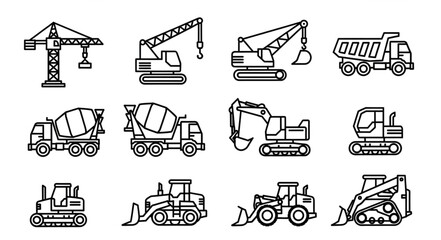 Collection of construction vehicle icons in black and white line art style. © Garu