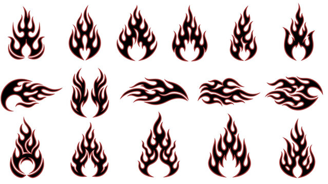 Set of black and red flame tattoos with various shapes and styles