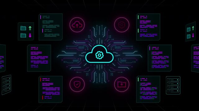 Cloud icon with gear representing automated data processing and virtual workflow management systems.