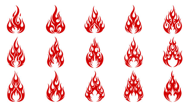 Collection of red flame icons with tribal and stylized designs