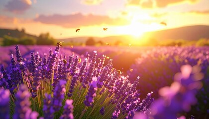 Fototapeta premium Bees buzzing in a sun-drenched field of blooming lavender at sunset