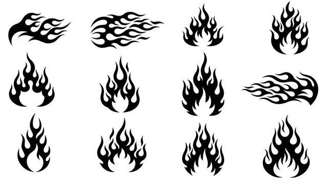 Collection of black flame icons with various shapes and styles