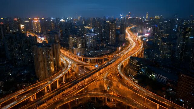 Aerial view of complex highway interchange at night with light trails from cars creating streaks of orange glow over cityscape at dusk showing urban development and busy traffic flow.