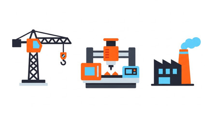 Fototapeta premium Industrial machinery and factory icons set.