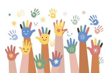 Fototapeta premium Diverse children's hands raised up, covered in bright paints with cute hand-drawn symbols like smiles and stars. Unity, creativity and joy. Art, education multiethnic world.