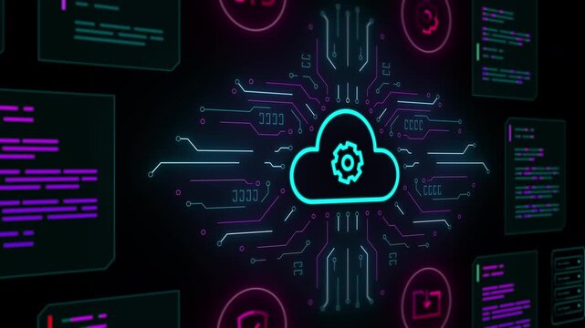 Cloud computing core analyzing floating data streams and statistical business information in a dark space.