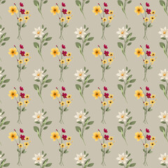 Obraz premium Seamless beige pattern with watercolor flowers, repeat floral texture, paper, background hand painting. Perfectly for wrapping paper, wallpaper, fabric and other printing.