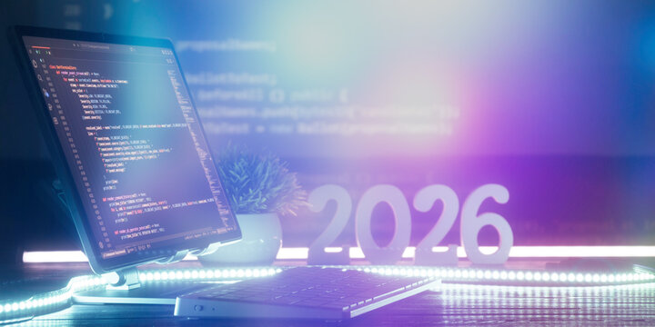 2026 software development and technology concept. Programmer workspace with computer screen showing code and futuristic neon lighting. Wide web banner