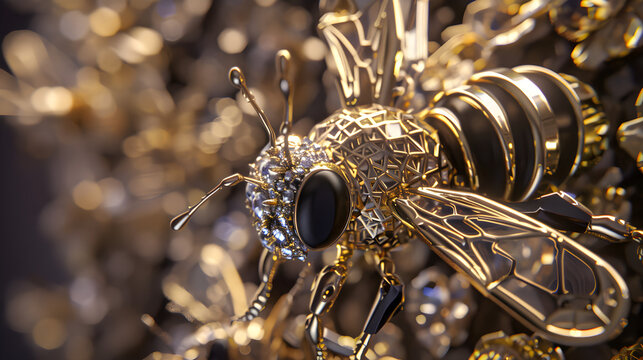 Pair of luxury jewelry bees in black enamel and gold with gemstone inlay on golden background