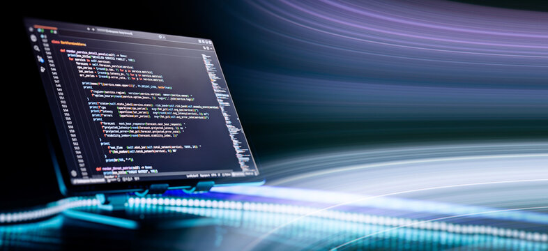 Futuristic IT background with glowing speed lines and digital programming code on a monitor display. Concept of fast data transfer with copy space.