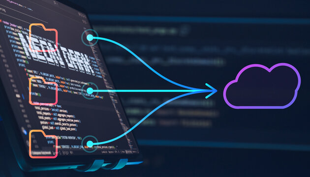 Cloud migration and data backup concept. Holographic folders transferring files to a cloud icon over a computer screen with programming code. Web banner.