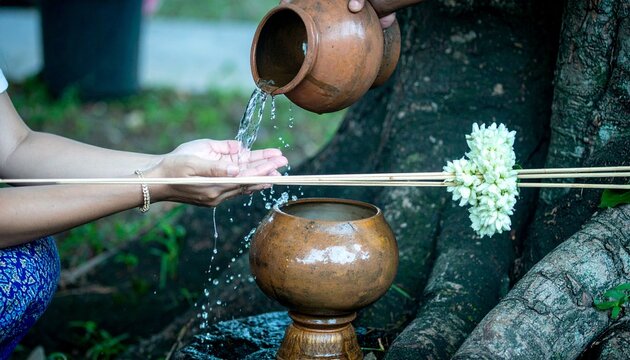 Hands pouring water from a traditional clay pot at the Bodhi tree for Kasone Festival, Generative AI