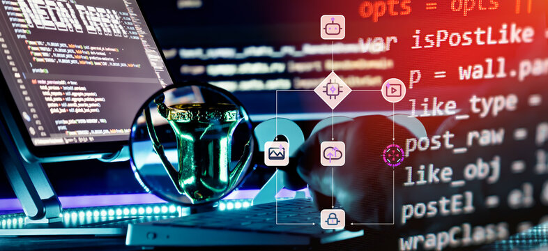 representing tech success through code analysis and algorithmic strategy.