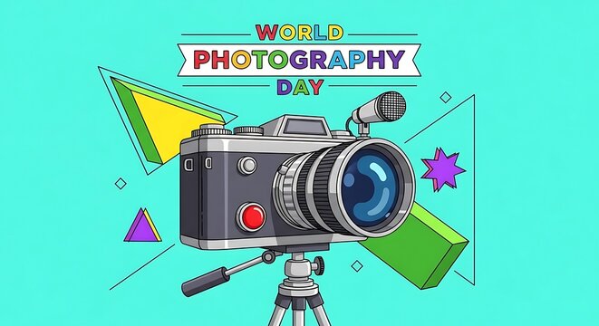 Celebrating world photography day vintage camera colorful geometric design