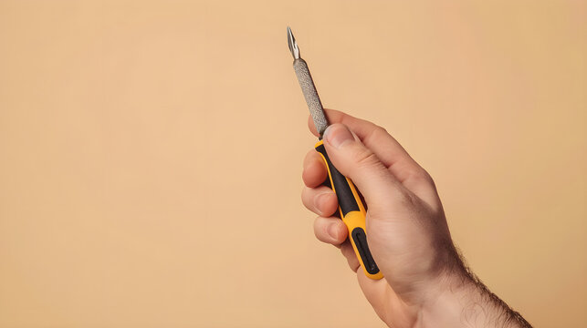 Close-Up of Male Hand Holding Screwdriver on Beige Background &ndash; DIY Repair, Maintenance and Home Improvement Concept
