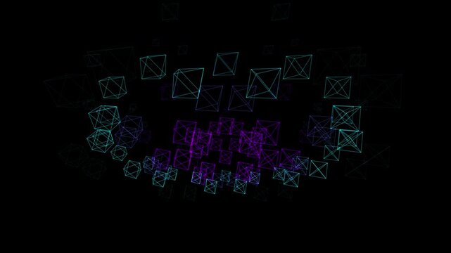 Premium 4K seamless loop of Vishuddha throat chakra octahedrons phasing in a cinematic high-contrast void. Ideal for VJ sets, deep trance visuals, yoga studios, and frequency healing meditation apps.
