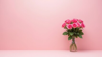 Fototapeta premium pink rose bouquet in vase on pastel pink background table for wedding birthday mothers day valentines