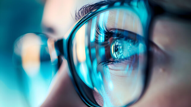 Close Up Female Eye with Glasses &ndash; Optical Vision and Innovation Concept