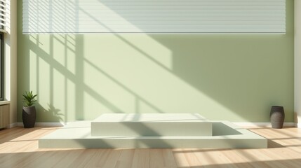 Fototapeta premium Empty room features pedestal. Light streams through blinds creating shadows. Minimalist design, neutral tones, indoor setting. Plants add subtle life.