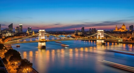 Fototapeta premium Iconic Chain Bridge Illuminated at Dusk Over Danube in Budapest.