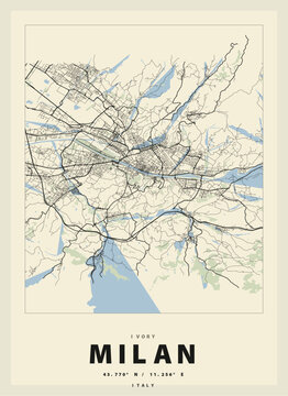 Vintage Milan City Map Poster with Minimalist Design and Geographic Coordinates, Italy