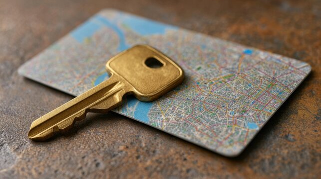 Vintage gold key resting on a colorful city map with detailed streets, landmarks, and topography on a textured surface