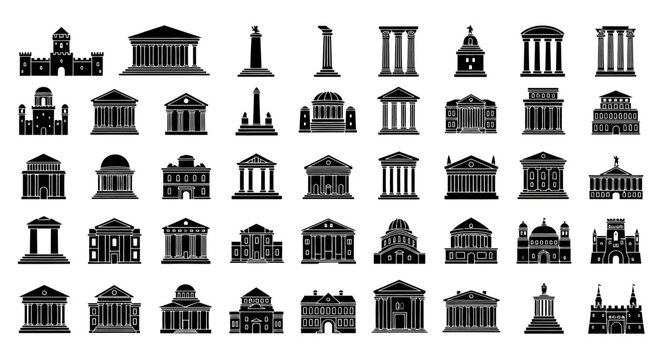 Collection of Ancient Greek and Roman Temple Silhouettes.